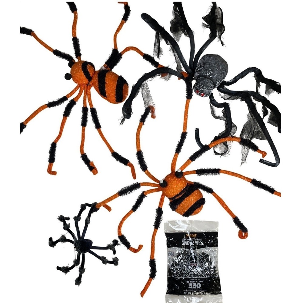 Lot of 4 Giant Halloween Spiders 48" in/outdoor w/ Black Stretch Web 48"